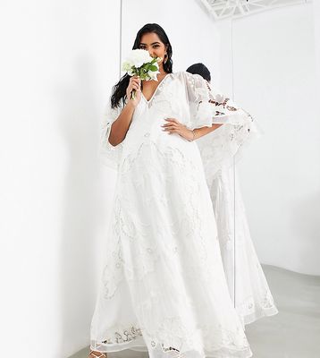 ASOS DESIGN Curve Amelia cutwork embroidered wedding dress with kimono sleeve-White