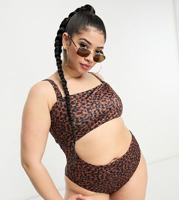 ASOS DESIGN Curve bandeau cut out swimsuit in tortoise shell print-Multi