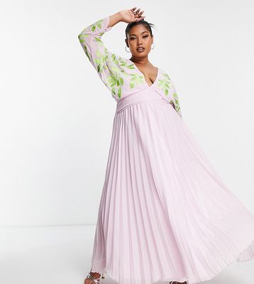ASOS DESIGN Curve batwing pleated maxi dress in lilac with green embroidery-Purple