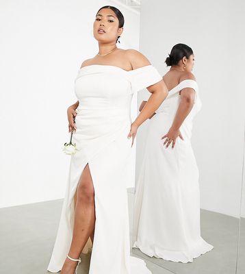 ASOS DESIGN Curve Beatrice bardot drape wedding dress-White