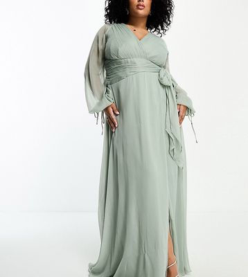 ASOS DESIGN Curve bridesmaid long sleeve ruched maxi dress with wrap skirt in olive-Green