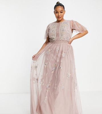 ASOS DESIGN Curve Bridesmaid pearl embellished flutter sleeve maxi dress with floral embroidery in rose-Pink