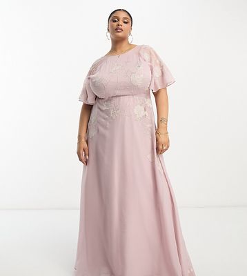ASOS DESIGN Curve Bridesmaids angel sleeve maxi dress with floral applique in rose-Pink