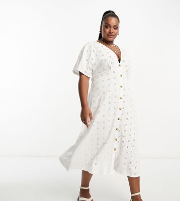 ASOS DESIGN Curve broderie v neck midi dress with buttons in white