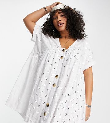 ASOS DESIGN Curve broderie v neck smock dress with large buttons in white