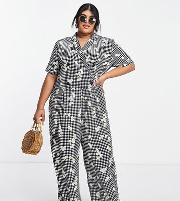 ASOS DESIGN Curve bubble crepe double breasted smock jumpsuit in gingham floral-Multi