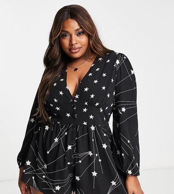 ASOS DESIGN Curve bubble crepe plunge neck romper with puff sleeve in mixed star print-Multi