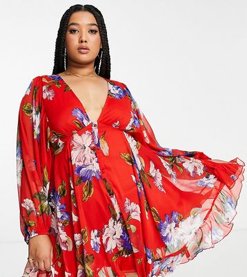 ASOS DESIGN Curve button detail mini dress with blouson sleeve in red floral-Multi
