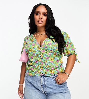 ASOS DESIGN Curve button front tee blouse with ruched waist in bright daisy floral print-Multi