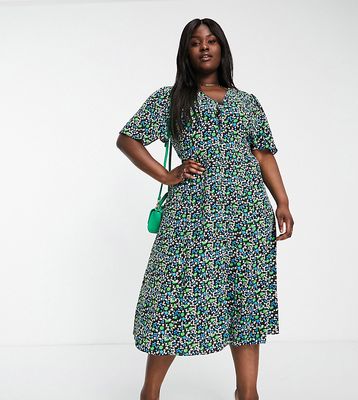 ASOS DESIGN Curve button through tie back midi tea dress with angel sleeve in black floral print-Multi