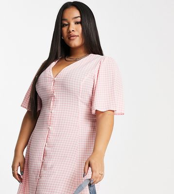 ASOS DESIGN Curve button through tie back mini tea dress with angel sleeve in pink gingham-Multi