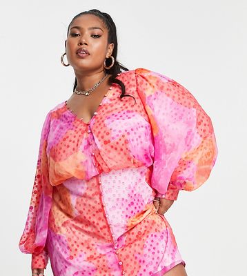 ASOS DESIGN Curve button up mini dress with blouson sleeve in bright textured abstract print-Multi