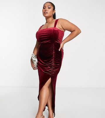 ASOS DESIGN Curve cami ruched skirt midi dress in wine velvet-Red