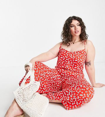 ASOS DESIGN Curve cami tie back jumpsuit in oversized mono red ditsy print-Multi
