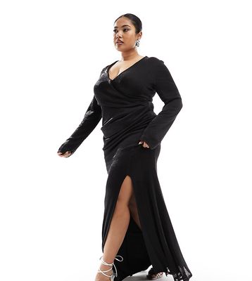 ASOS DESIGN Curve chainmail sheer plunge maxi dress with angel sleeves in black-Copper