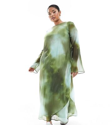 ASOS DESIGN Curve chiffon long sleeve midi dress in green blur print-Multi