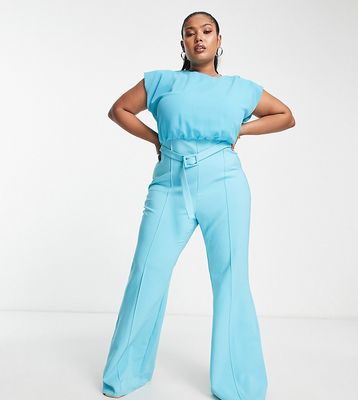 ASOS DESIGN Curve chiffon top belted flared leg jumpsuit in turquoise-Blue