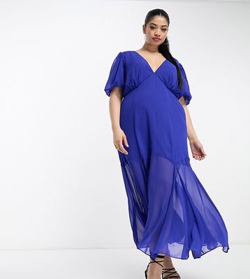 ASOS DESIGN Curve chiffon V-neck midi dress with flutter sleeves and godet hem in cobalt-Blue
