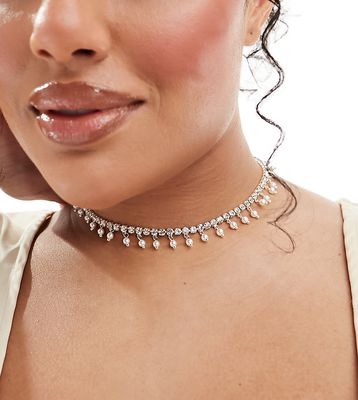 ASOS DESIGN Curve choker necklace with crystal cupchain and faux pearl design in silver tone