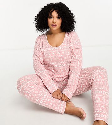 ASOS DESIGN Curve Christmas fairisle glam long sleeve top & legging pajama set in pink