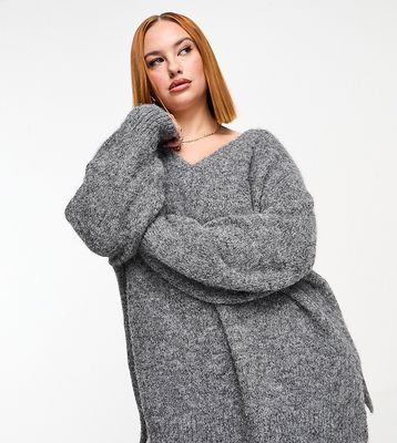 ASOS DESIGN Curve chunky oversized v neck sweater in brushed yarn in gray