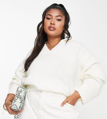 ASOS DESIGN Curve chunky sweater with open collar in cream-White