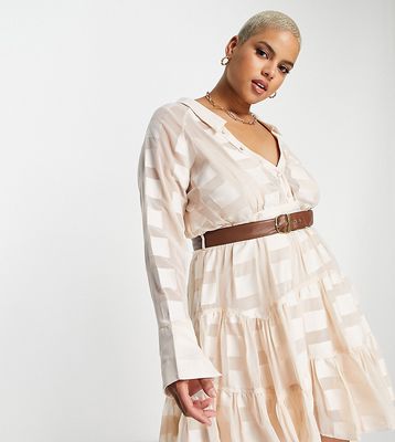 ASOS DESIGN Curve collar mini dress in textured square with belt-Neutral