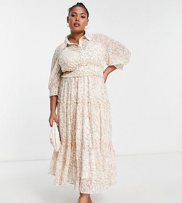 ASOS DESIGN Curve collared tiered midi dress with shirred waist in natural animal print-Multi