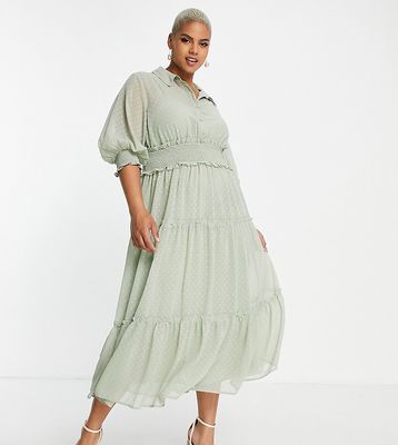 ASOS DESIGN Curve collared tiered midi dress with shirred waist in natural in sage green