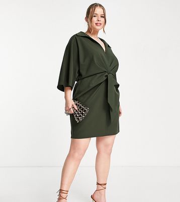 ASOS DESIGN Curve collared wrap front batwing mini dress with knot in khaki-Green