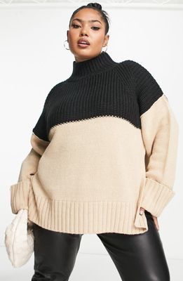 ASOS DESIGN Curve Colorblock Side Slit Turtleneck Sweater in Black