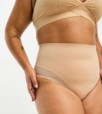 ASOS DESIGN Curve Contouring medium control high waist brief with mesh in beige-Neutral