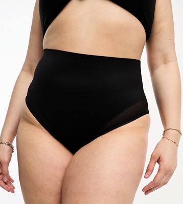 ASOS DESIGN Curve Contouring medium control high waist briefs with mesh in black