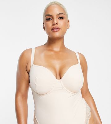 ASOS DESIGN Curve Contouring medium control underwired bodysuit with lace in beige-Neutral