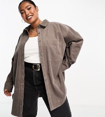 ASOS DESIGN Curve cord oversized shirt in taupe-Gray