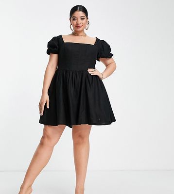 ASOS DESIGN Curve corset linen mini skater dress with puff sleeve in black