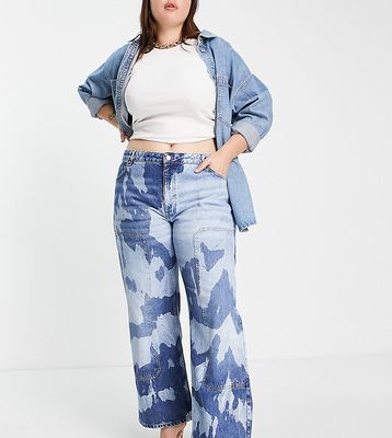 ASOS DESIGN Curve cotton blend low rise 'relaxed' dad jeans in tie dye with utility patches - MBLUE-Blues
