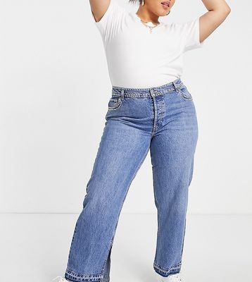 ASOS DESIGN Curve cotton blend mid rise '90s' straight leg jeans in midwash with diamante hotfix - MBLUE-Blues