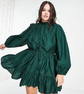 ASOS DESIGN Curve cotton poplin pintuck yoke mini skater dress in dark green-Multi