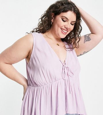 ASOS DESIGN Curve crinkle cami with lace up front and peplum hem in lilac-Purple