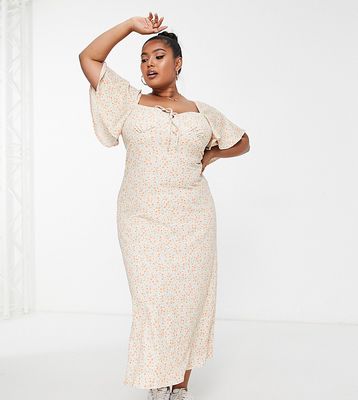ASOS DESIGN Curve crinkle flutter sleeve midi dress with tie detail in cream and pink floral-Multi