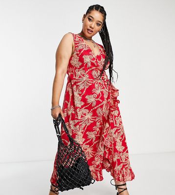ASOS DESIGN Curve crinkle wrap midi sundress with buckle in red palm-Multi