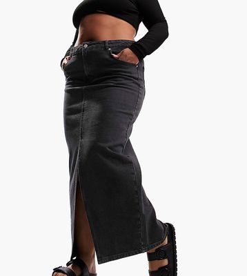 ASOS DESIGN Curve denim midi skirt with split hem in washed black