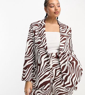 ASOS DESIGN Curve double breasted suit blazer with linen in animal print-Multi