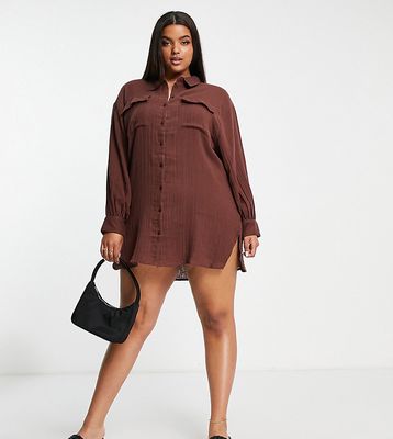 ASOS DESIGN Curve double cloth oversized shirt dress in chocolate-Brown