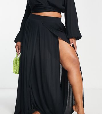 ASOS DESIGN Curve double split beach sarong skirt in black