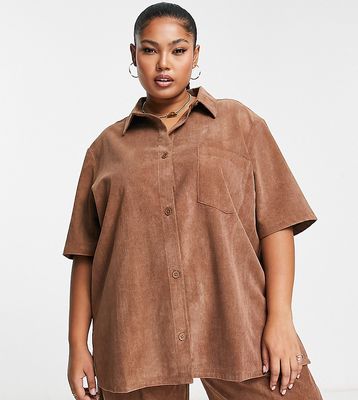 ASOS DESIGN Curve drapey shirt bowling shirt in baby cord in rust - part of a set-Brown