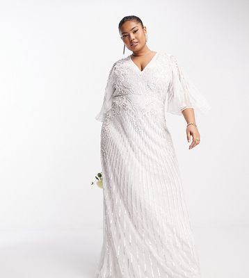 ASOS DESIGN Curve Eliza flutter sleeve embellished wedding dress-White