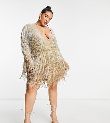 ASOS DESIGN Curve embellished plunge mini dress in ombre beaded fringe in taupe-Brown