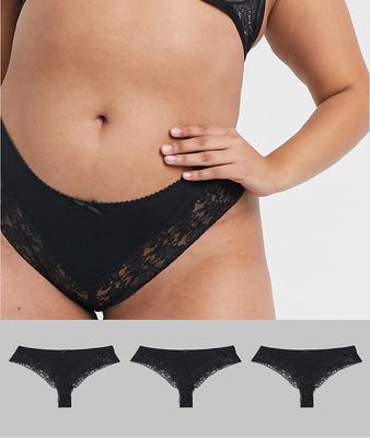 ASOS DESIGN Curve exclusive 3 pack cotton & lace thongs-Multi